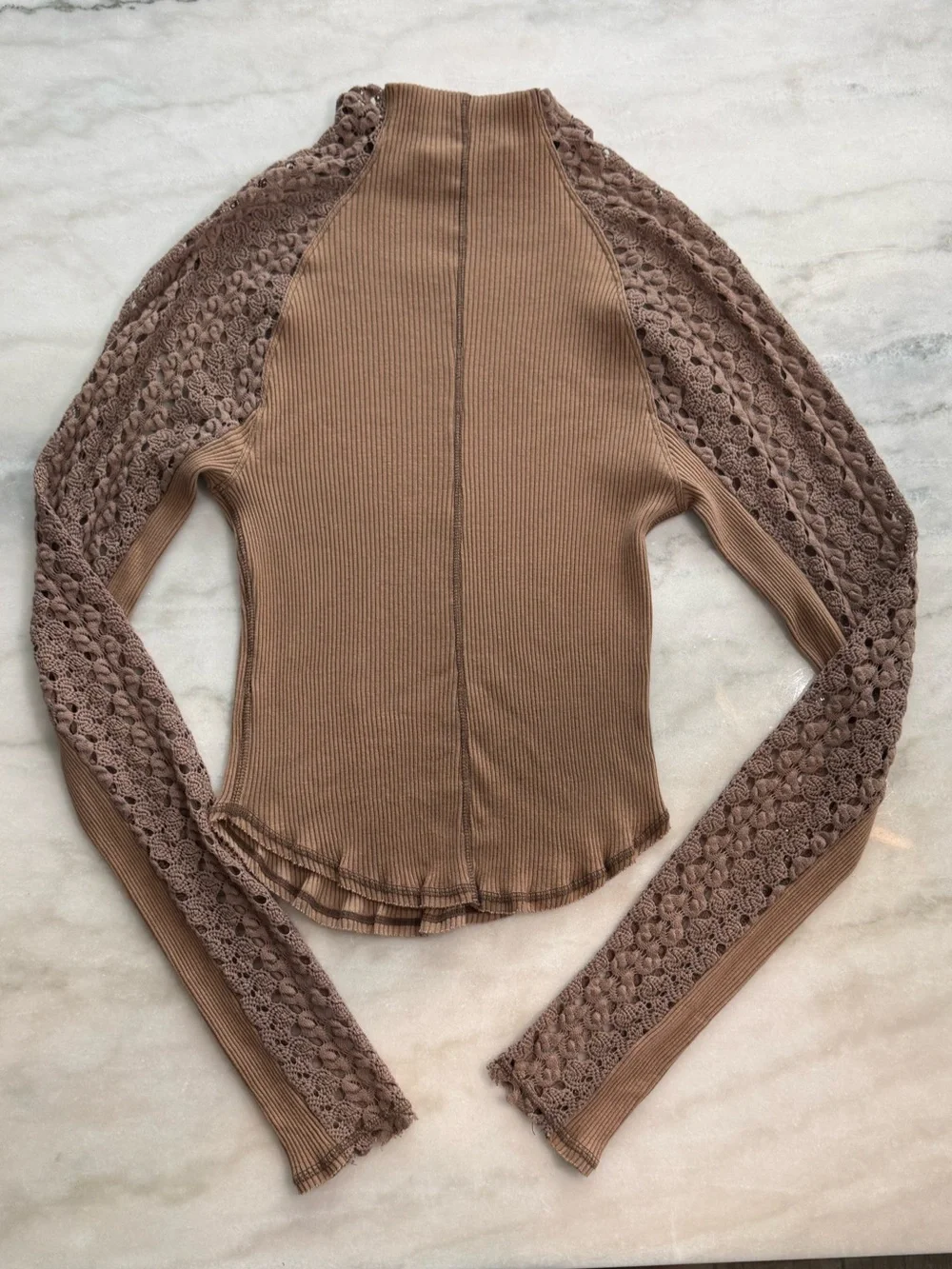 Free People Clemente Mock Neck Lace Sleeve Thermal Top Tan Beige Women Size XL